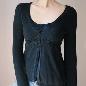 100% Cotton Cardigan Black V Neck